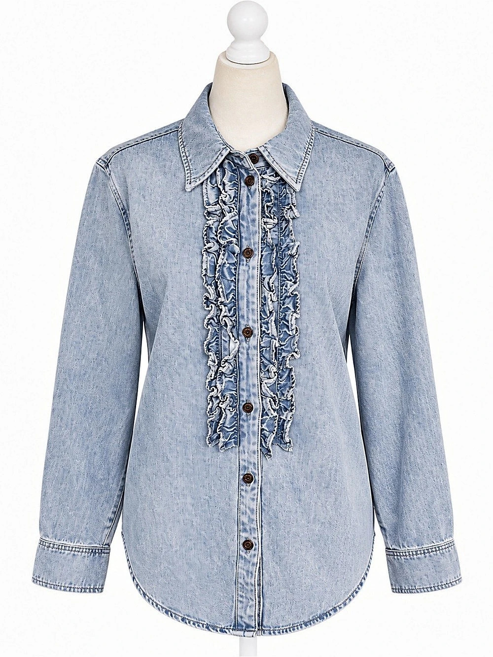 H&M NWT Denim Ruffle Button Down Shirt Size S Light Wash Western Boho Cottagecor